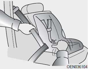 Kia Carnival: Using a child restraint system. 5. Remove as much slack from the belt as possible by pushing down on the child