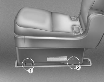 Kia Carnival: Rear seat adjustment. If the rear catches of the seat are locked into the rear anchors (2) while the
