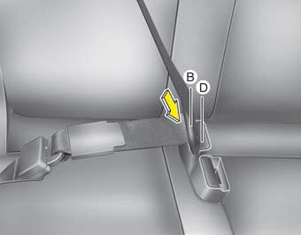Kia Carnival: Seat belt restraint system. 4. Pull the tongue plate (B) and insert the tongue plate (B) into the open end