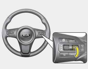Kia Carnival: To set cruise control speed. 3.Move the lever down (to SET-), and release it at the desired speed.The SET