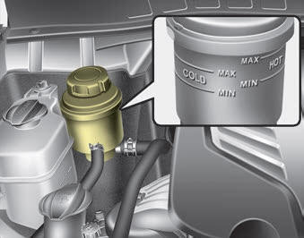 Kia Carnival: Checking the power steering fluid level. With the vehicle on level ground, check the fluid level in the power steering