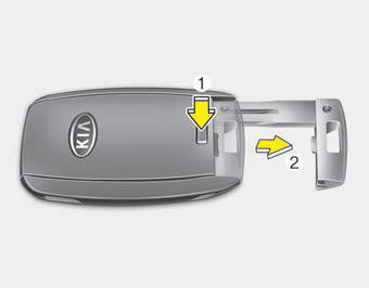 Kia Carnival: Smart key function. To remove the mechanical key, press and hold the release button(1) and remove