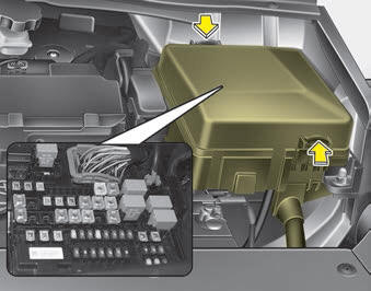 Kia Carnival: Engine compartment fuse replacement. 1. Turn the ignition switch and all other switches off.